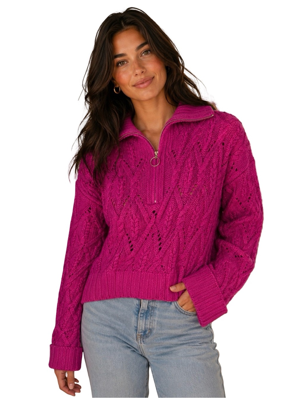 Pink Rose Hot Pink Cable Knit Full Zip Sweater Jacket XL Fuchsia Collared NWT